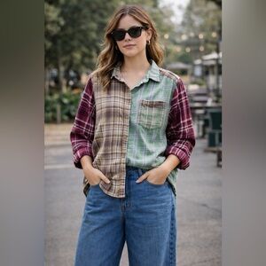 Cotton On Oversized Patchwork Plaid Flannel Shirt | Size XS